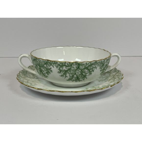 Spode Green Coral Cream Soup Bowl & Saucer Set Gold Trim EUC Rare Vintage - Picture 1 of 12